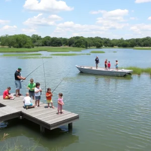 Families enjoying Free Fishing Day in Texas by the lake