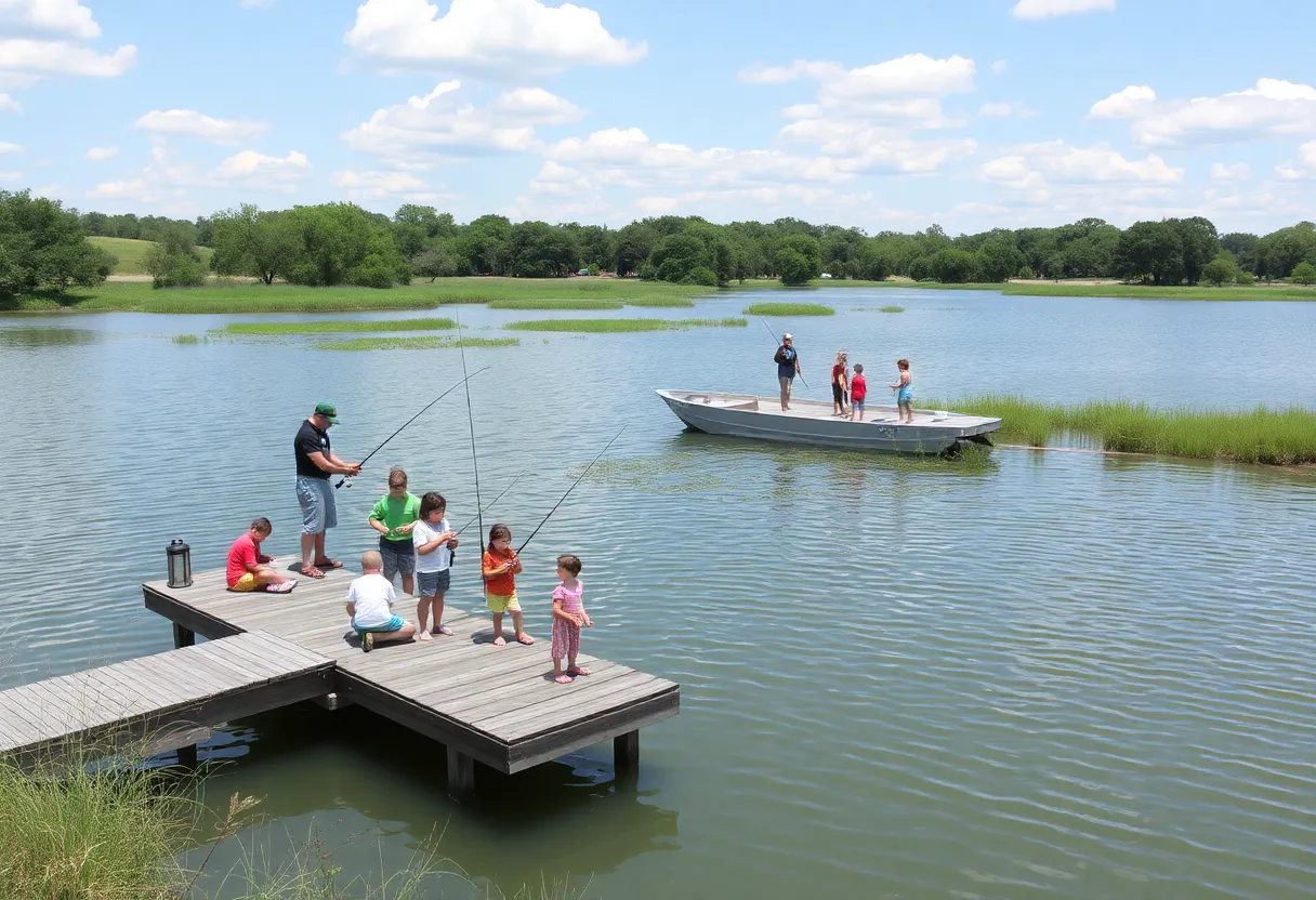 Families enjoying Free Fishing Day in Texas by the lake