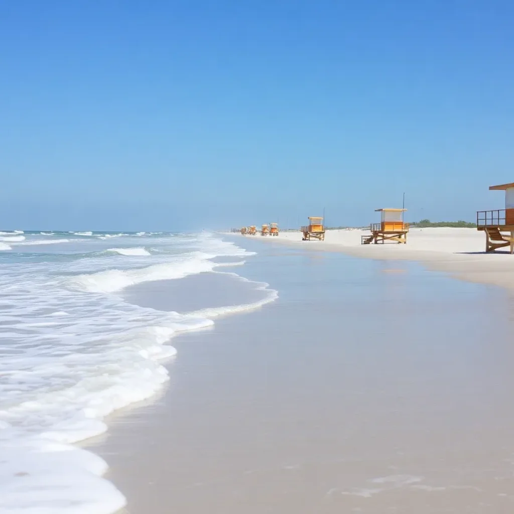 Overview of Galveston beach highlighting safety measures and calm waters.