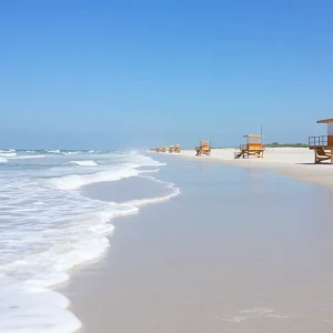 Overview of Galveston beach highlighting safety measures and calm waters.