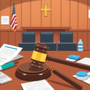 Illustration of a courtroom setting depicting healthcare fraud investigation.