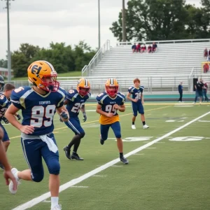 Players practicing on a high school football field