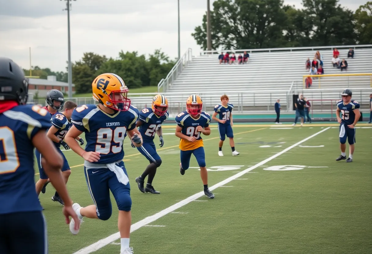 Players practicing on a high school football field