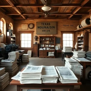 19th century Texas newspaper office filled with vintage printing equipment