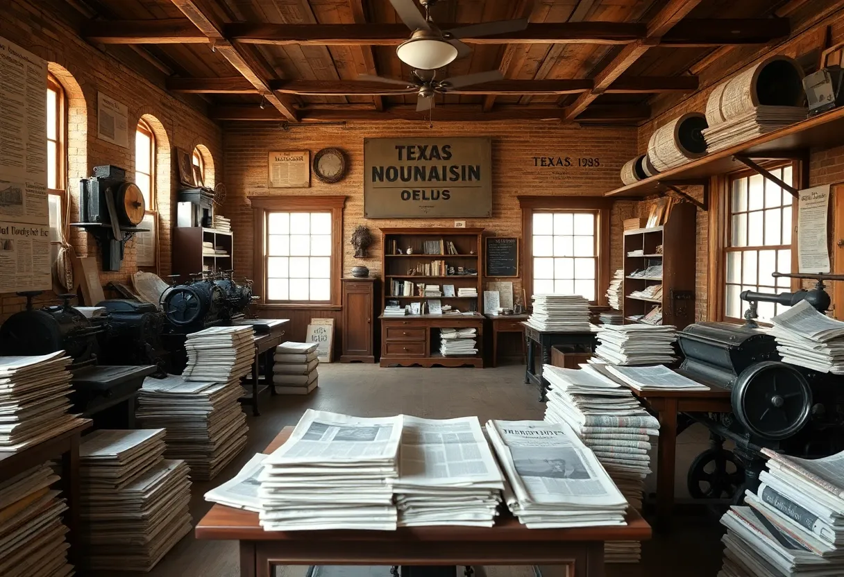 19th century Texas newspaper office filled with vintage printing equipment