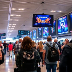 Busy airport with concert-goers heading to a music event