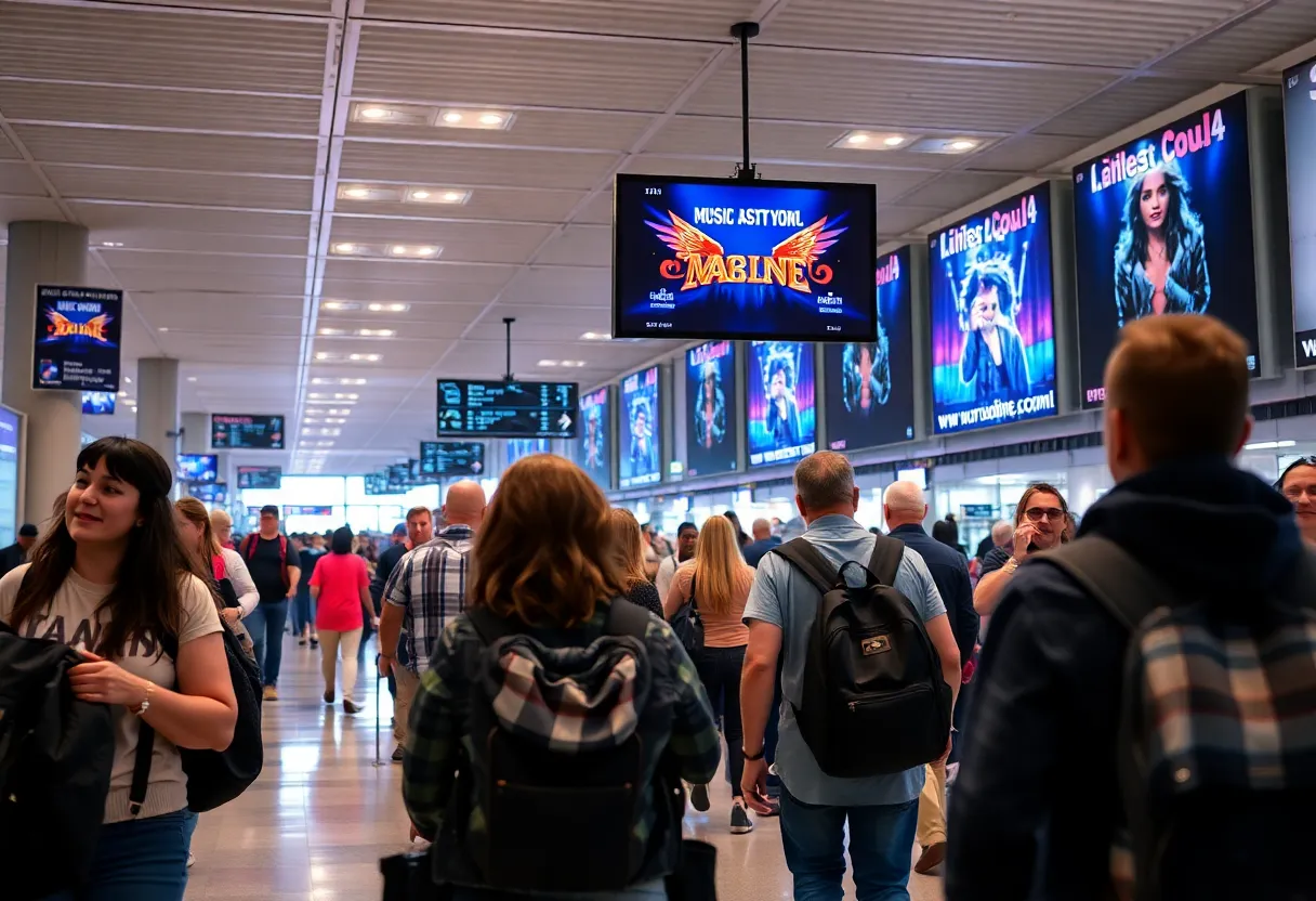 Busy airport with concert-goers heading to a music event