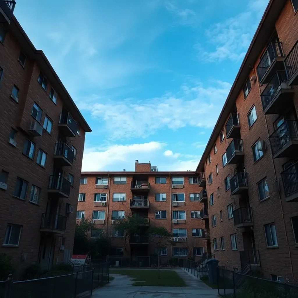Urban apartment complex in Houston highlighting domestic violence awareness