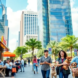 Vibrant Houston city backdrop with workplaces, restaurants, and pet adoption highlights
