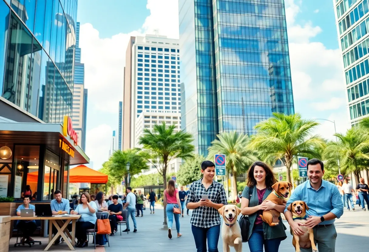 Vibrant Houston city backdrop with workplaces, restaurants, and pet adoption highlights
