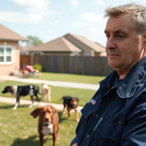Postal worker observing dogs in a Houston neighborhood