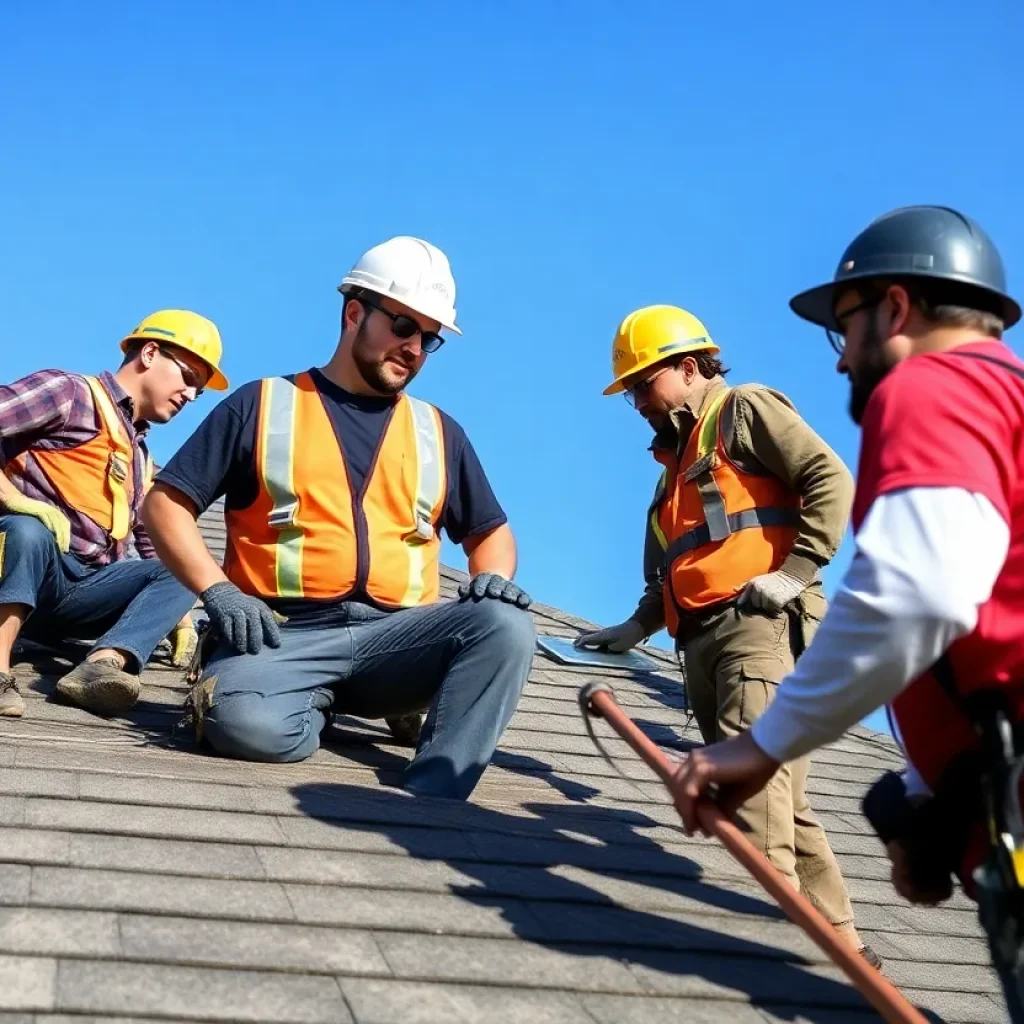 Roofing technicians performing emergency repair in Houston