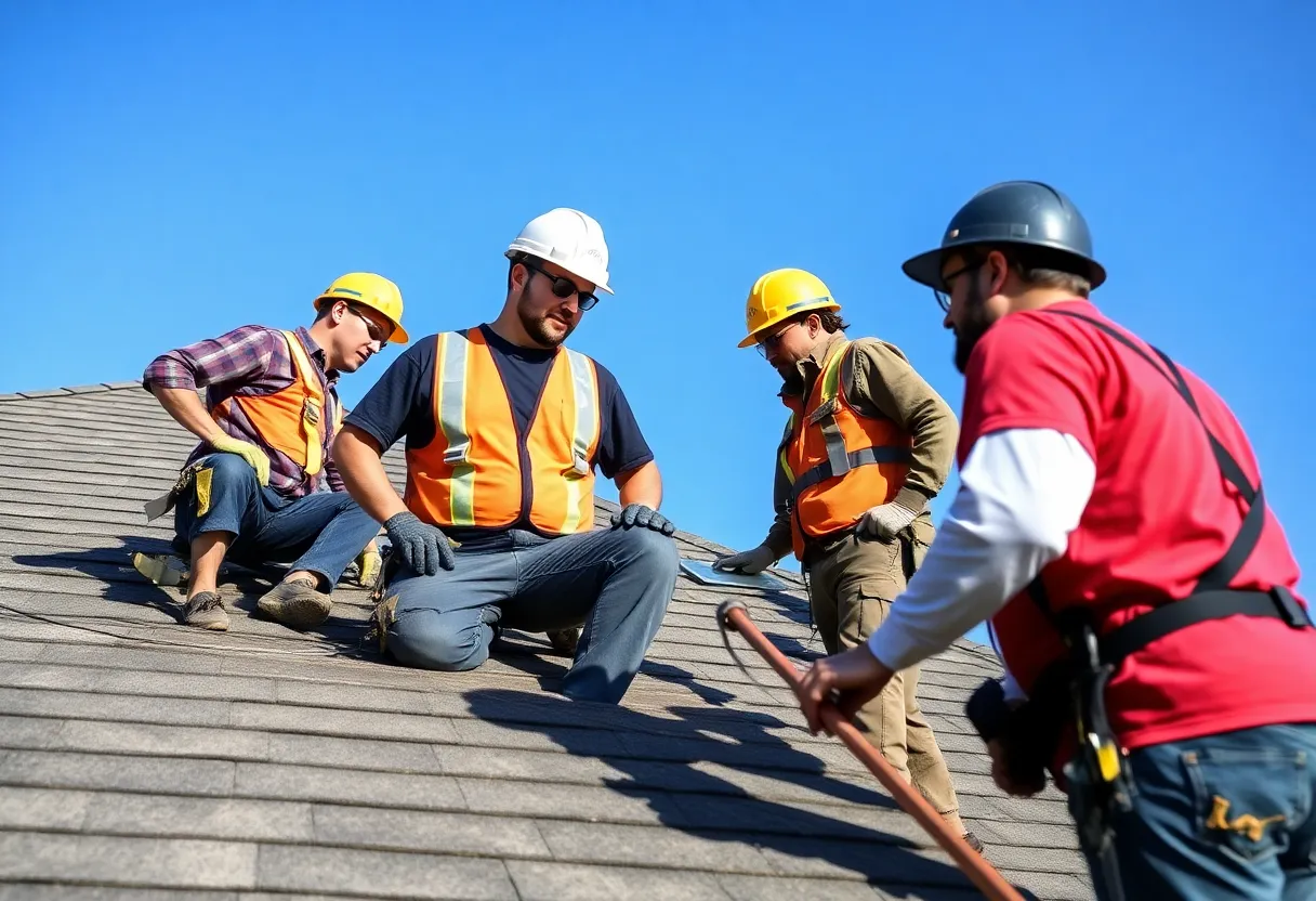 Roofing technicians performing emergency repair in Houston