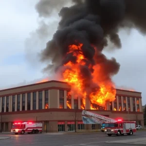 Firefighters at the scene of a large fire in North Houston