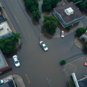 Aerial image showing flooded streets of Houston with submerged cars.