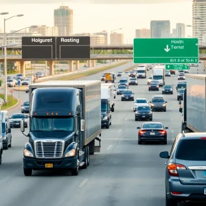 Traffic on Houston freeway with 18-wheeler