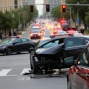 Damaged vehicles and scene of a high-speed chase in Houston.