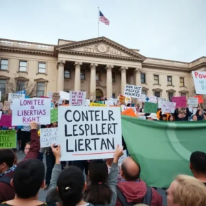 Crowd of protesters at Houston City Hall advocating for immigration rights