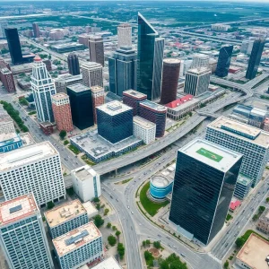 Aerial view depicting Houston's modern infrastructure and GIS technology.