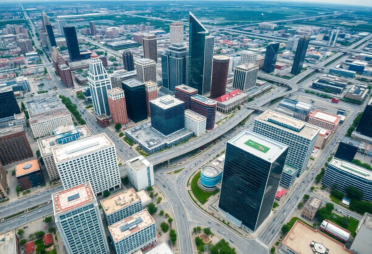 Aerial view depicting Houston's modern infrastructure and GIS technology.