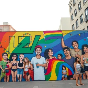 Mural representing LGBTQ+ celebration in Houston with various individuals and colorful designs.