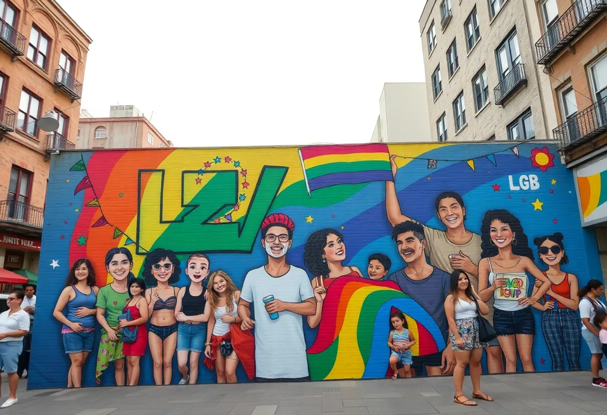 Mural representing LGBTQ+ celebration in Houston with various individuals and colorful designs.