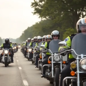 Police motorcycle officers in a funeral escort procession on a highway