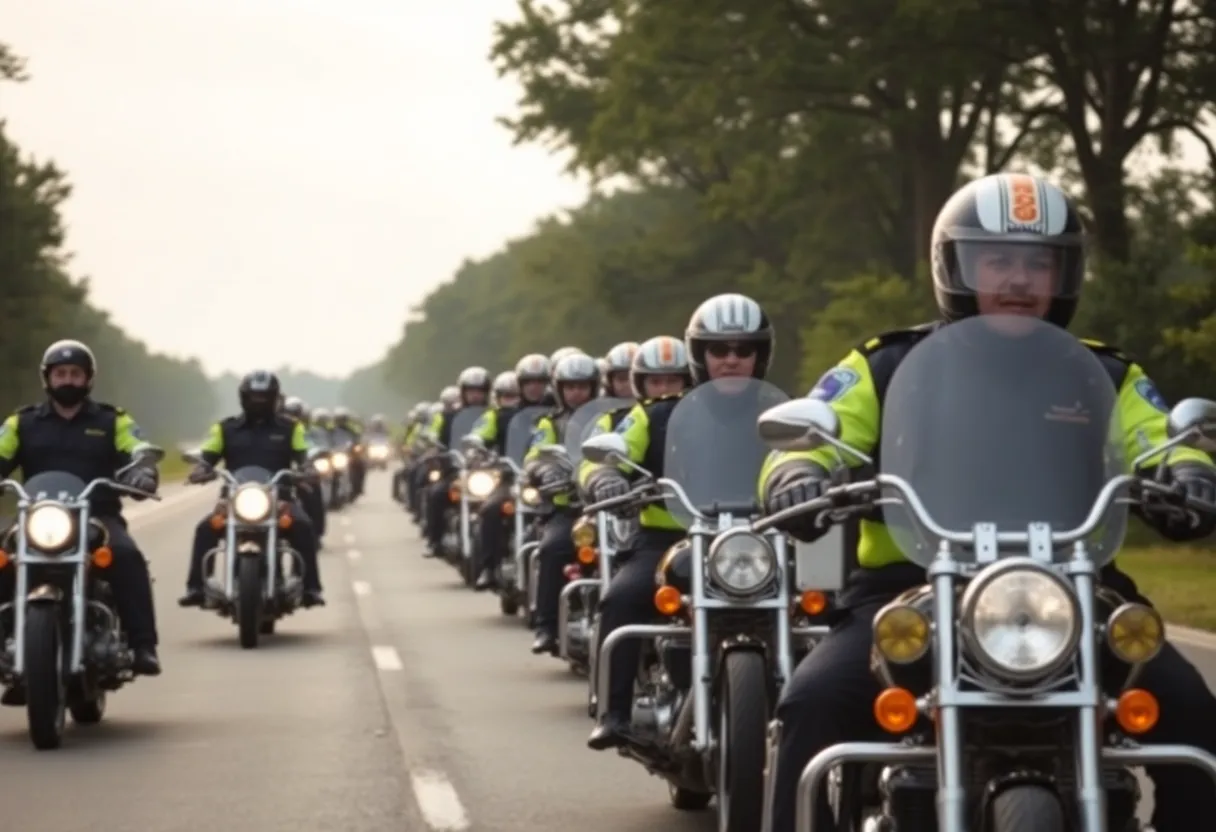 Police motorcycle officers in a funeral escort procession on a highway