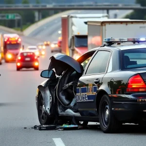 Severely damaged police cruiser after crash with 18-wheeler