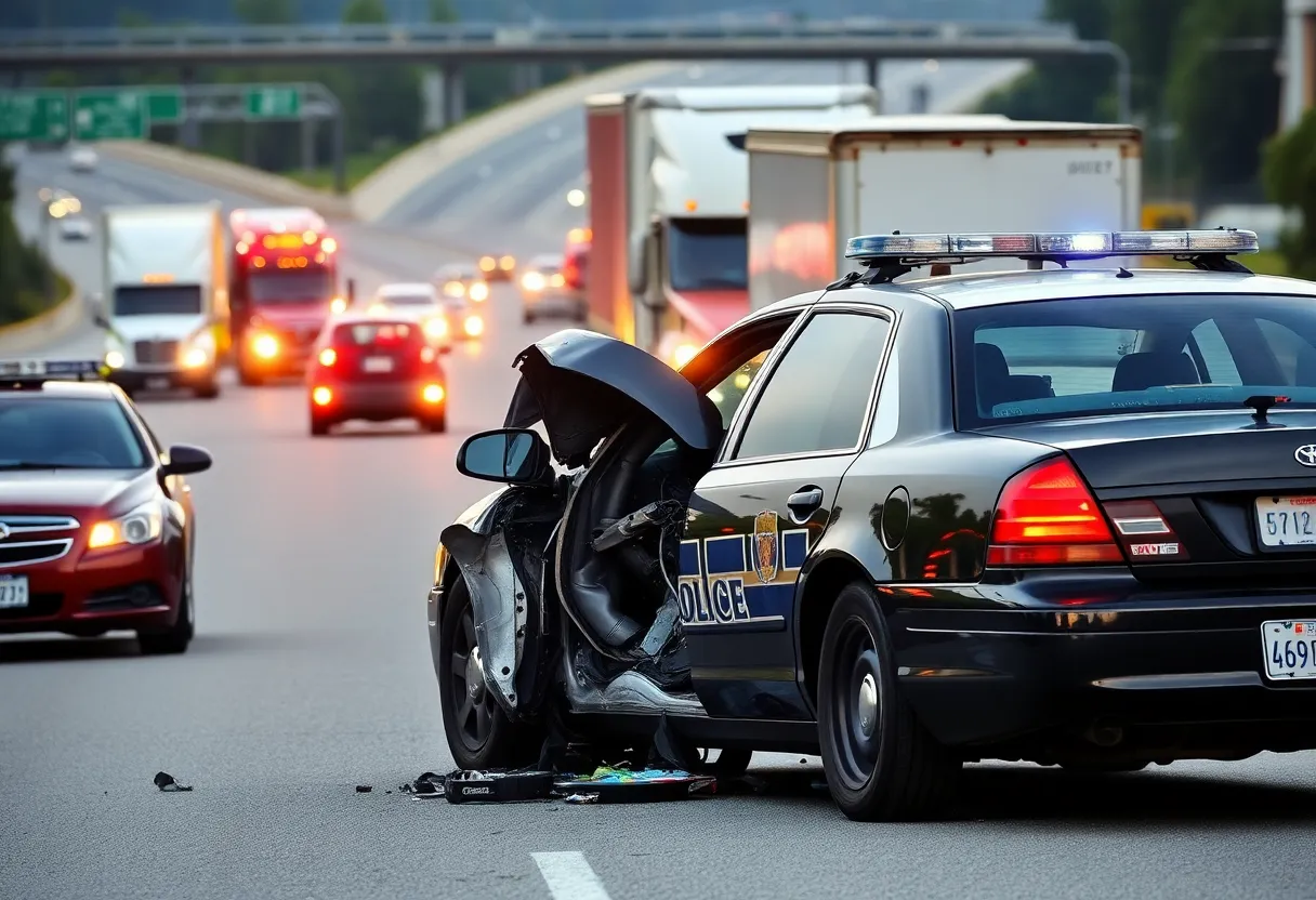 Severely damaged police cruiser after crash with 18-wheeler