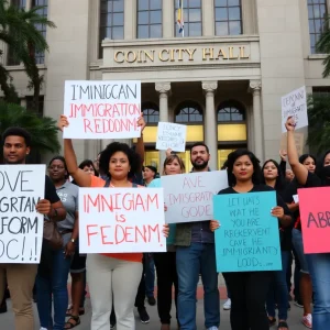 Demonstrators at Houston City Hall holding signs for immigration reform