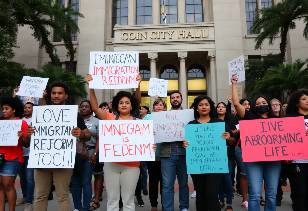 Demonstrators at Houston City Hall holding signs for immigration reform