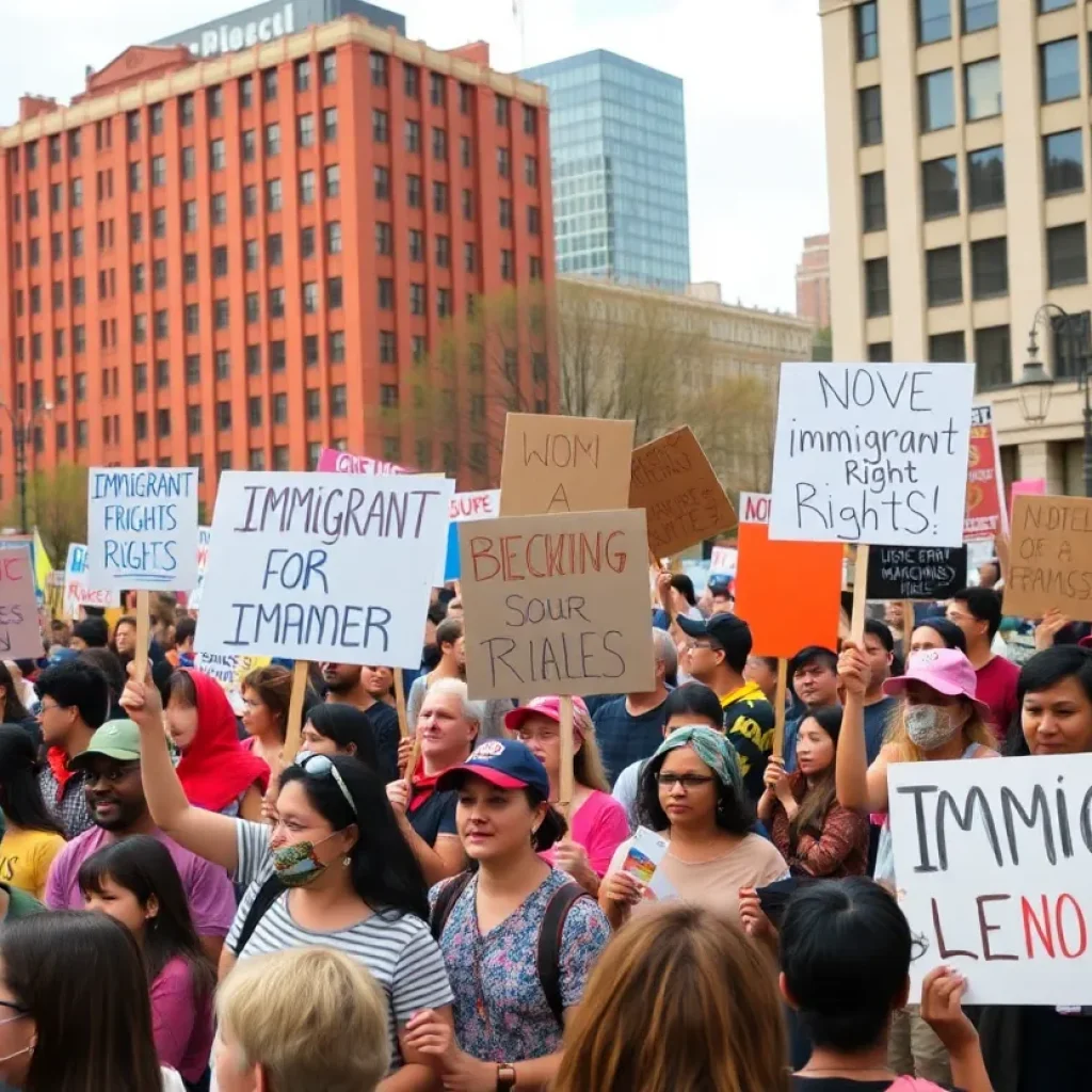 Crowd protesting for immigrant rights in Houston
