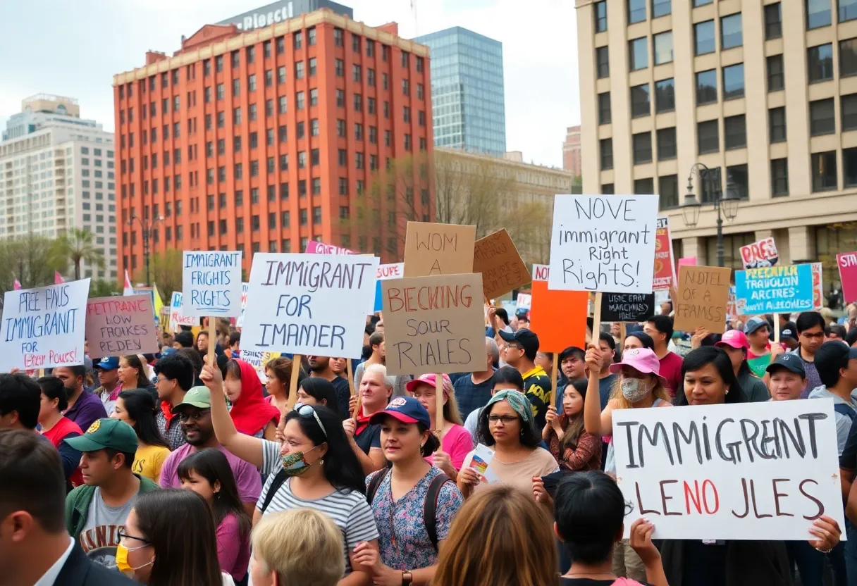 Crowd protesting for immigrant rights in Houston