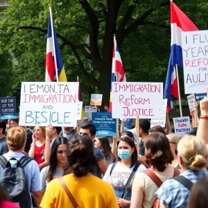 Rally participants holding signs and flags advocating against immigration policies in Houston.