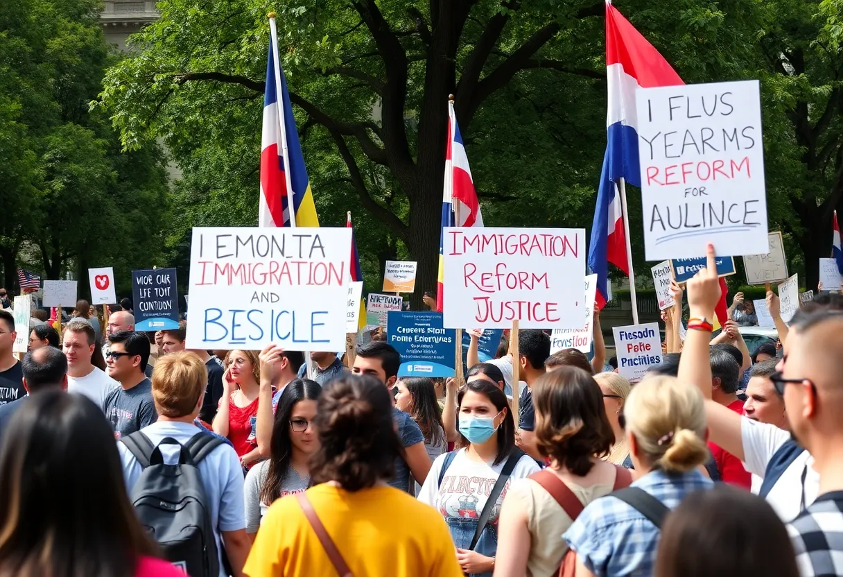 Rally participants holding signs and flags advocating against immigration policies in Houston.