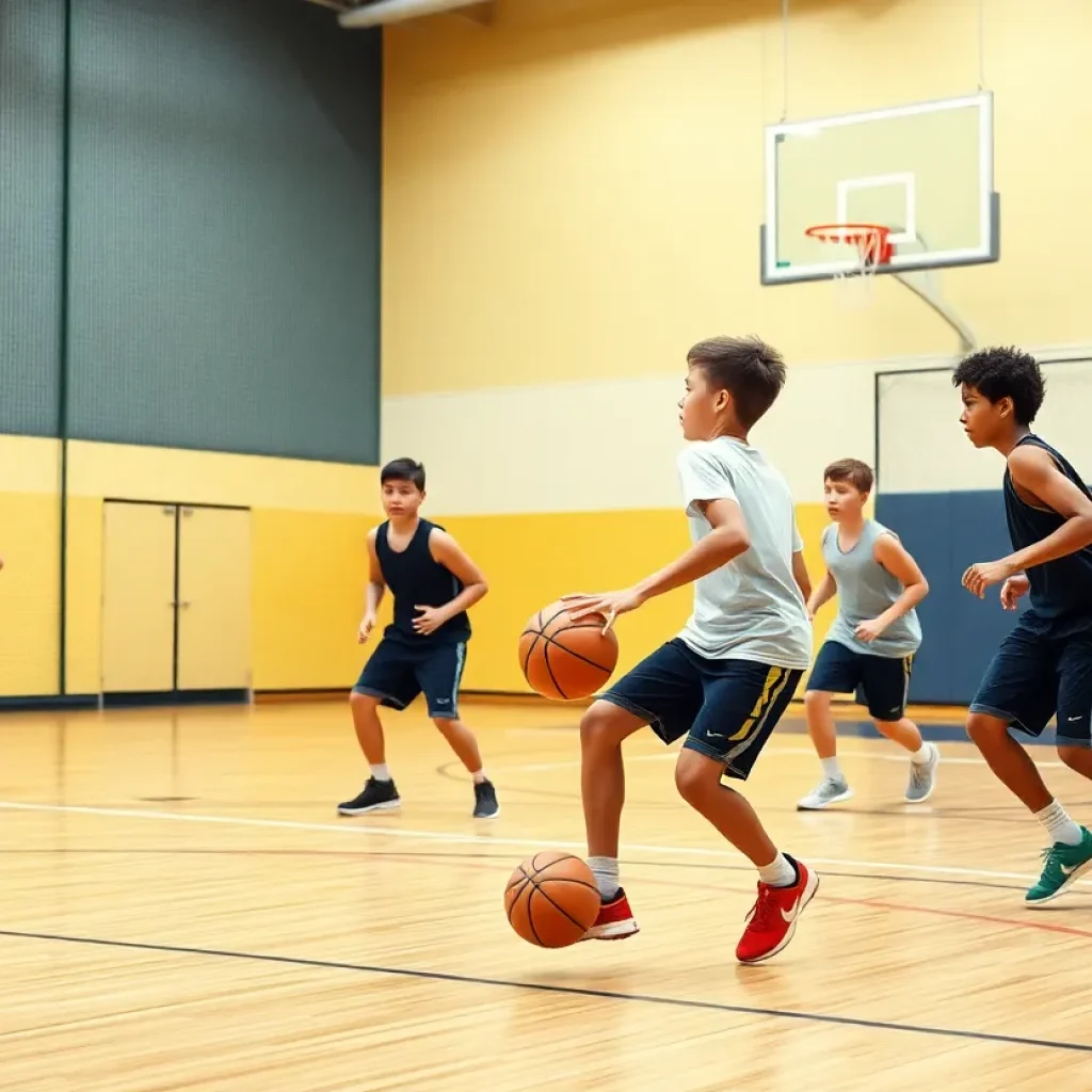 Houston Rockets players practicing on the court.
