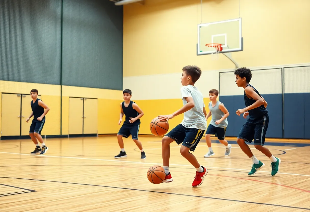 Houston Rockets players practicing on the court.