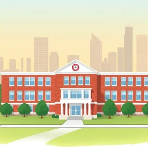 Houston school with city skyline in background