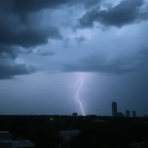 Heavy rain and lightning over Houston during a severe thunderstorm