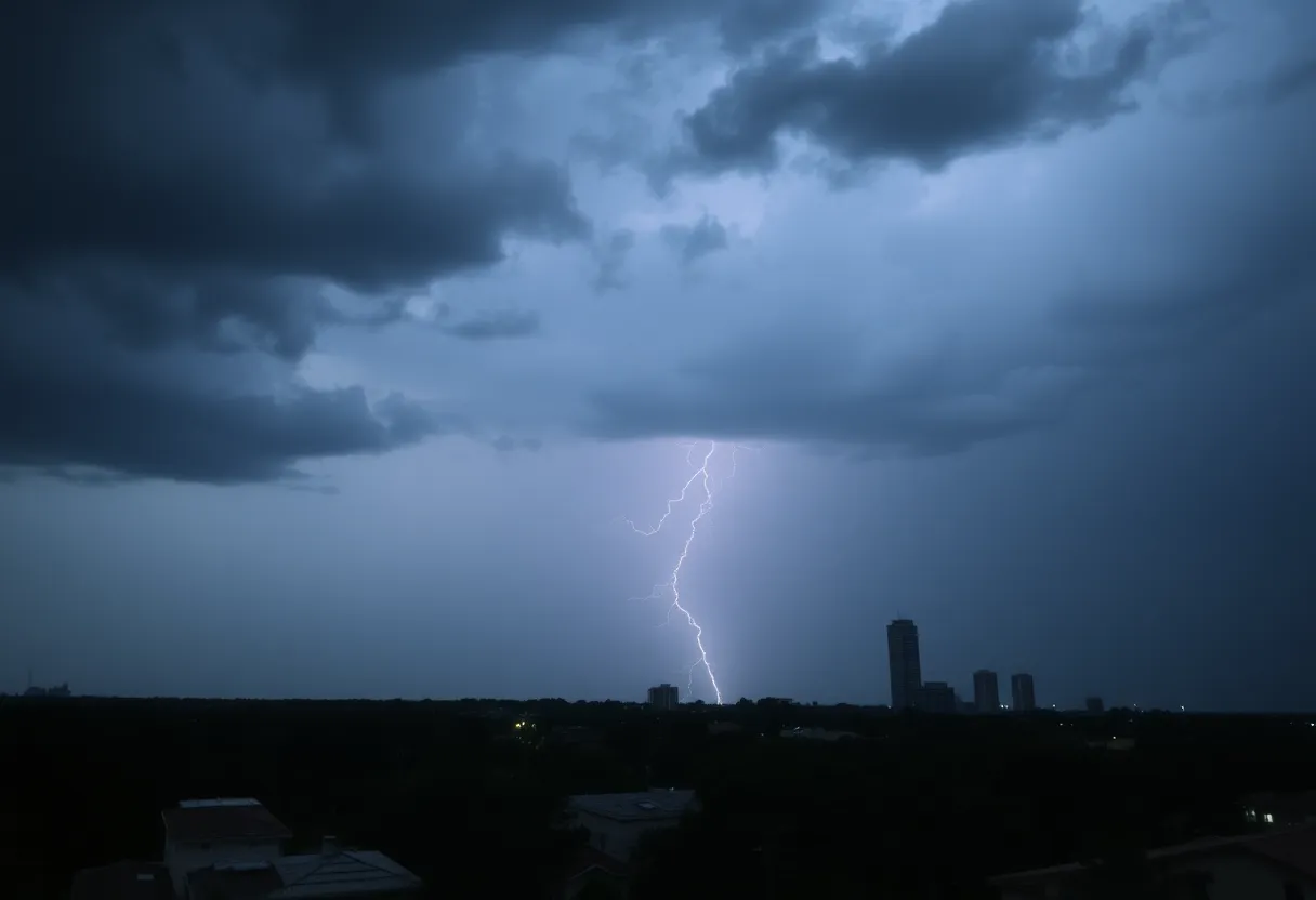 Heavy rain and lightning over Houston during a severe thunderstorm