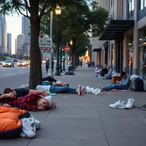 People sleeping on sidewalks in Houston with city buildings in the background.