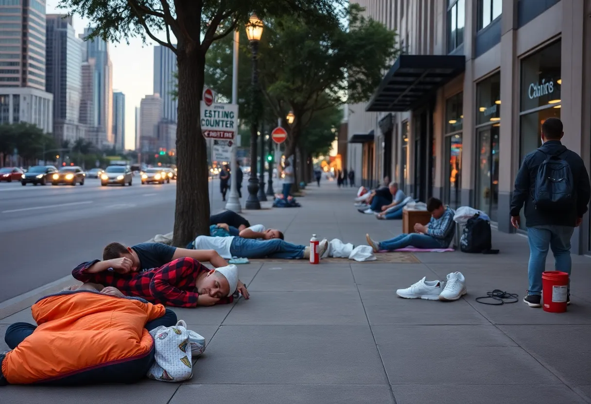 People sleeping on sidewalks in Houston with city buildings in the background.