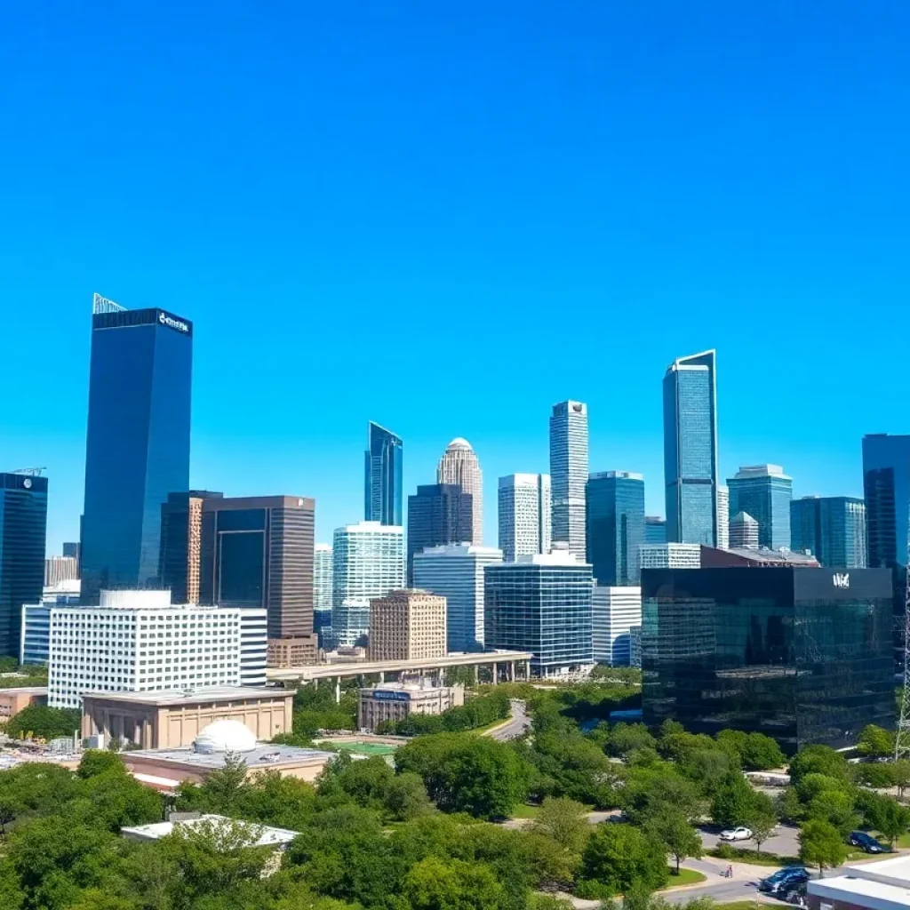Panoramic view of Houston skyline with modern corporate architecture, signifying business relocation.