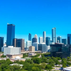 Panoramic view of Houston skyline with modern corporate architecture, signifying business relocation.