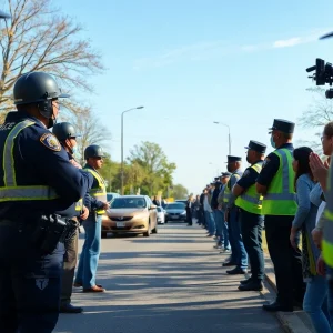 Law enforcement officers engaging in a peaceful negotiation during a standoff on a Houston freeway