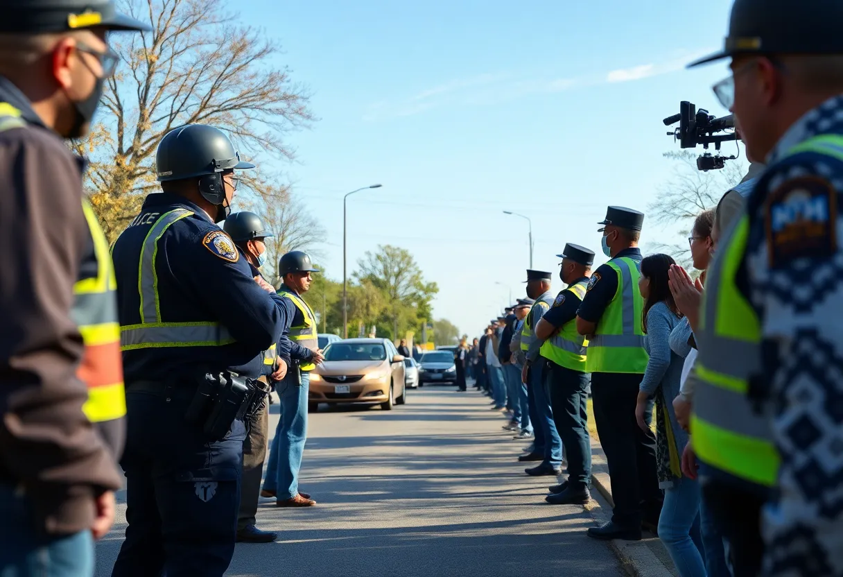 Law enforcement officers engaging in a peaceful negotiation during a standoff on a Houston freeway