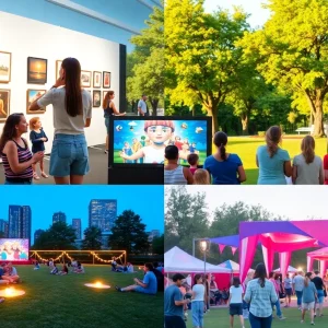 A collage of people participating in Houston summer activities, including art exhibitions and outdoor movie screenings.