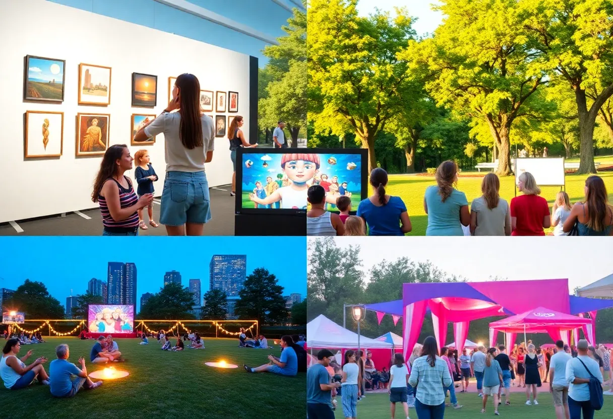 A collage of people participating in Houston summer activities, including art exhibitions and outdoor movie screenings.
