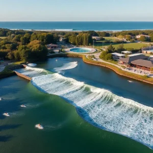 Rendering of Houston surf park with surfers and amenities